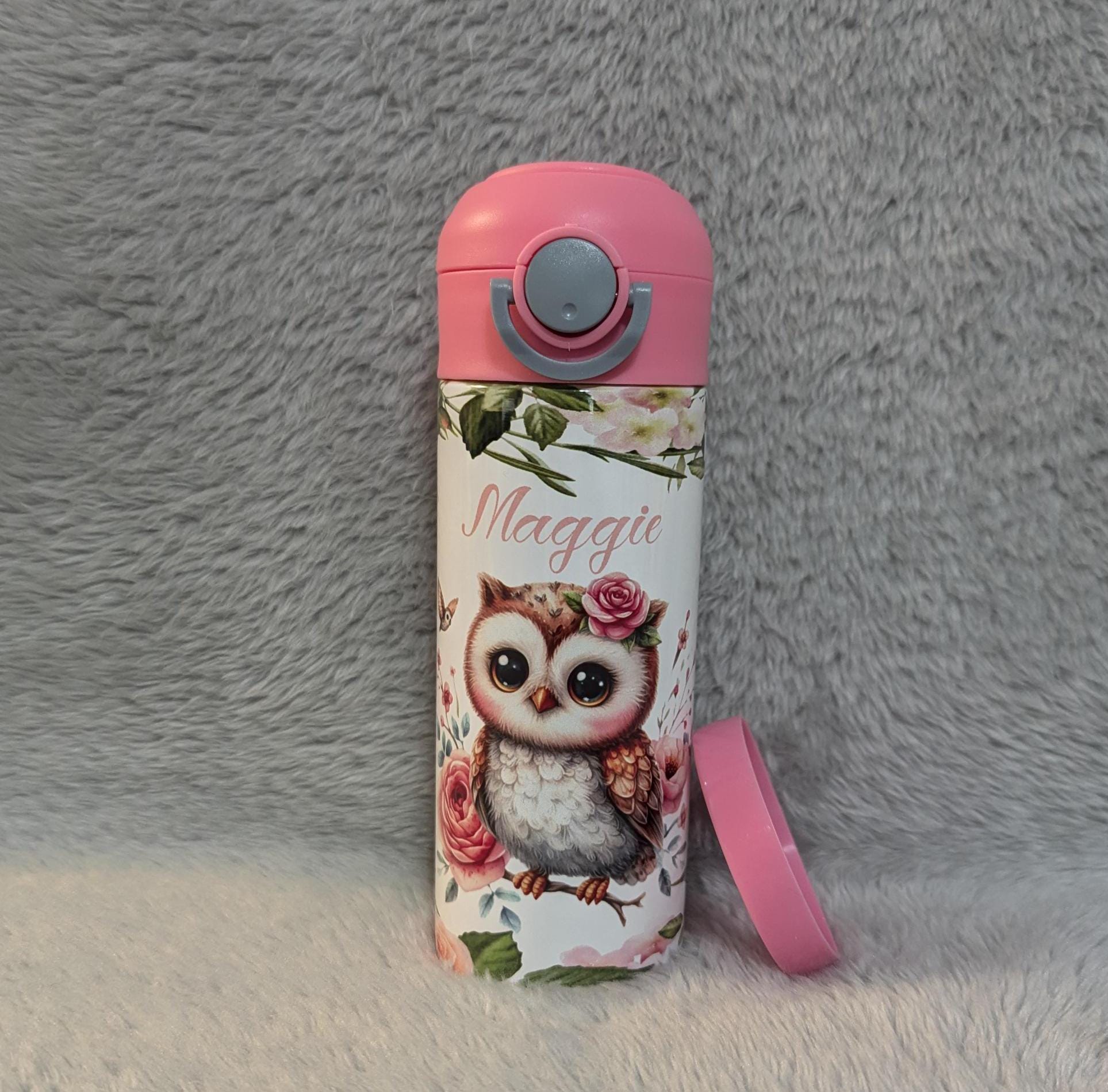 Adorable Kids Owl Water Bottle 12oz With Reusable Straw Can Be Personalized