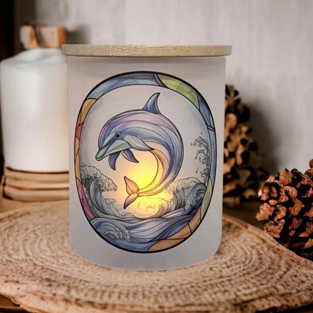 Dolphin With A Stained Glass Design Candle Holder - Includes A Battery Operated Flickering Tea Light