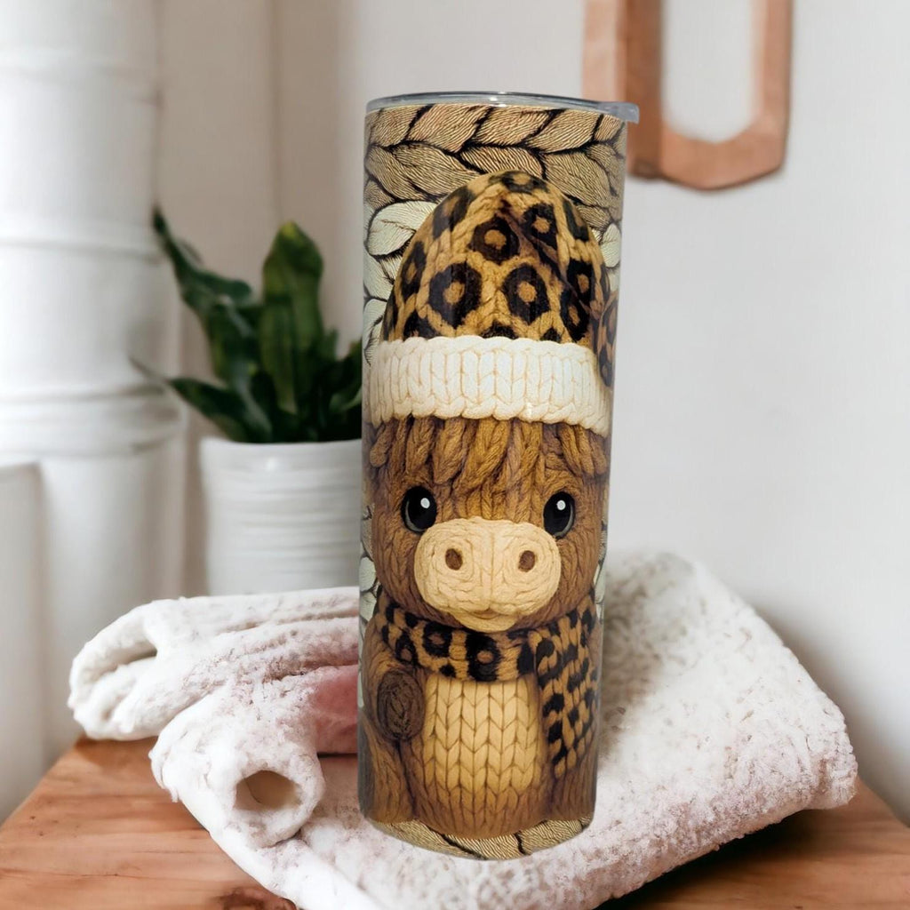 Crochet Design Highland Cow With A Leopard Print Tumbler 20oz With Reusable Straw, Can Be Personalized