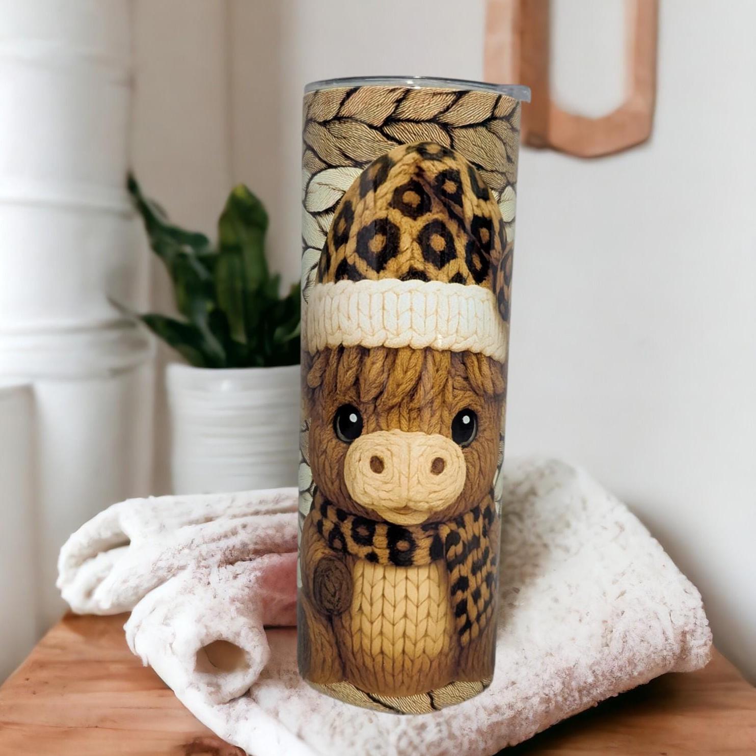 Crochet Design Highland Cow With A Leopard Print Tumbler 20oz With Reusable Straw, Can Be Personalized