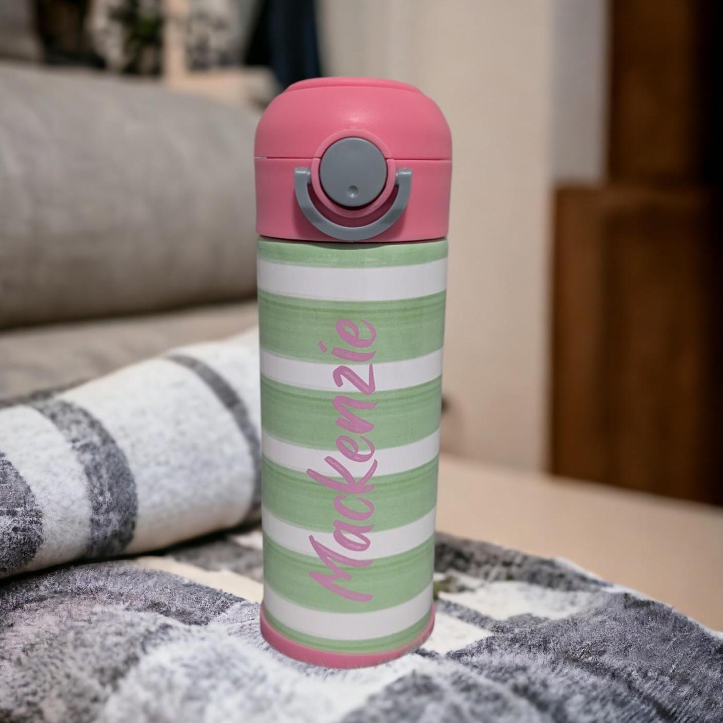Kids Striped Water Bottle 12oz With Reusable Straw Can Be Personalized