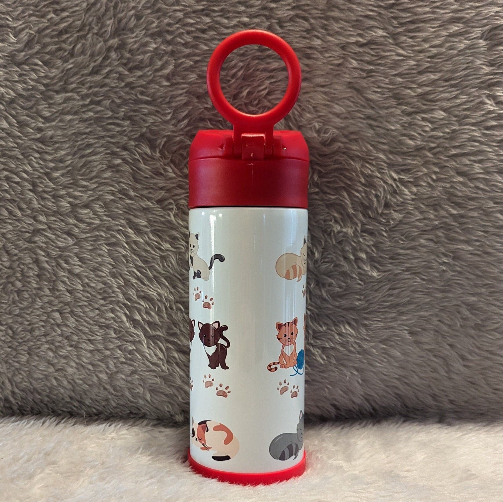 Kids Kitten Water Bottle 12oz With Reusable Straw, Can Be Personalized