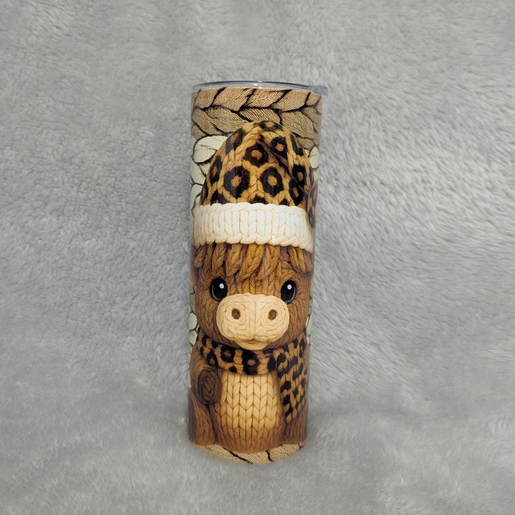 Crochet Design Highland Cow With A Leopard Print Tumbler 20oz With Reusable Straw, Can Be Personalized