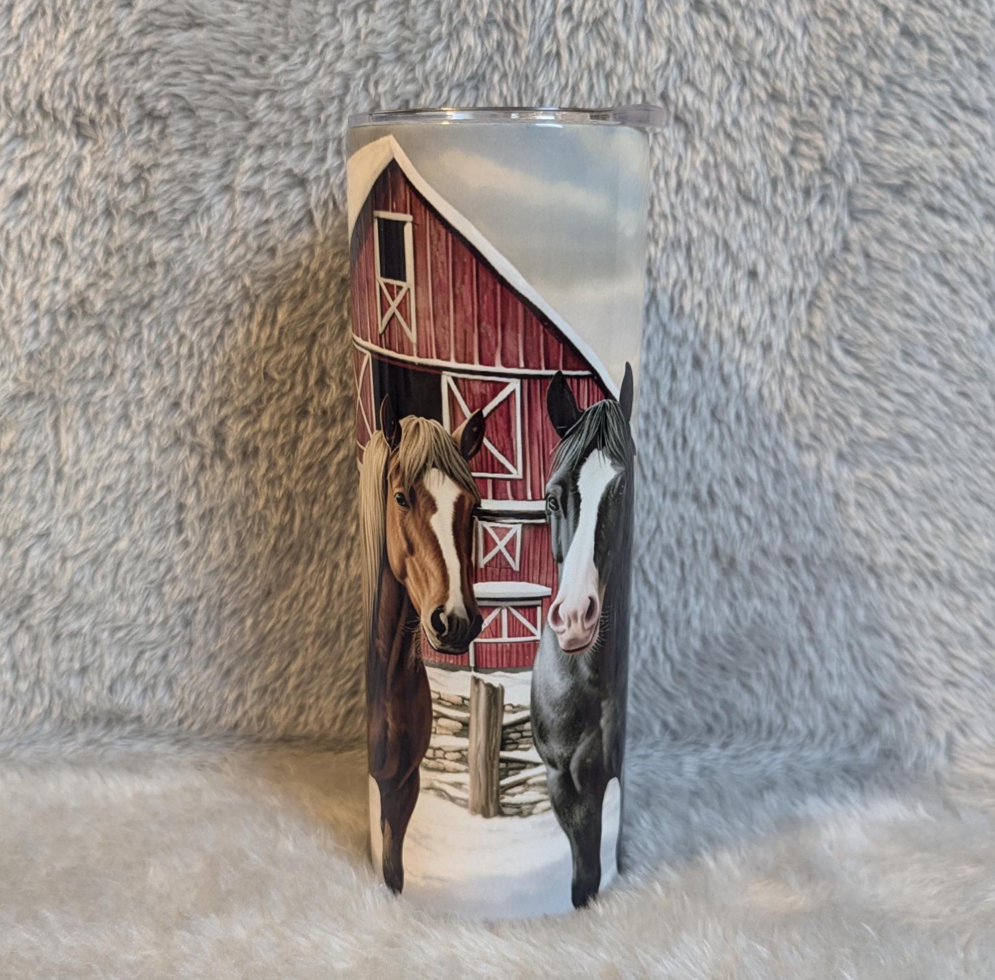Horse Tumbler with Horses By the Barn and a Snow Scene Background 20oz With Reusable Straw, Can Be Personalized
