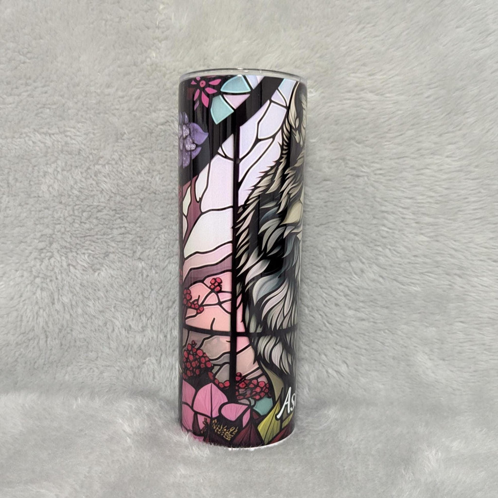Wolf Tumbler With Flowers and A Stained Glass Design 20oz With Reusable Straw, Can Be Personalized