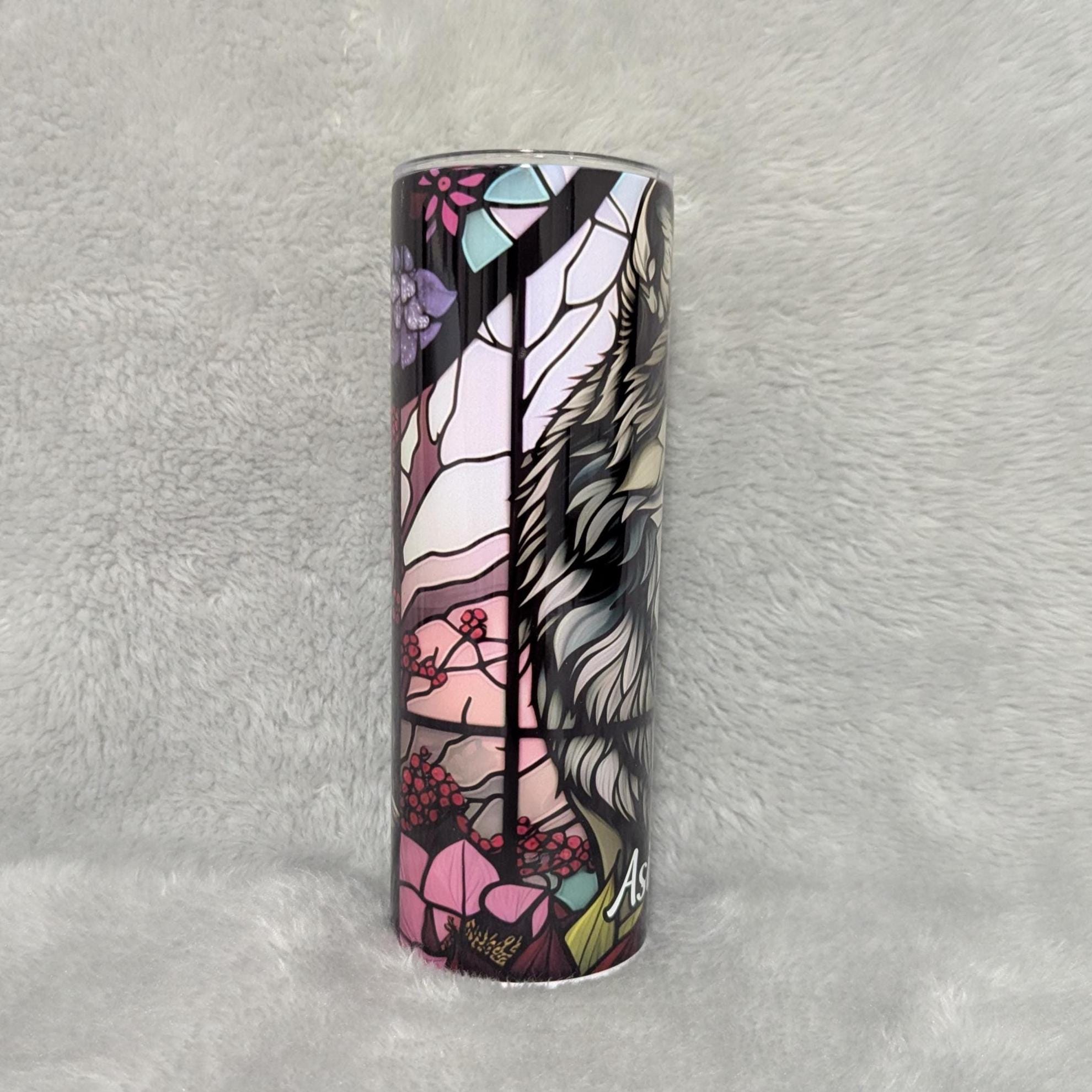 Wolf Tumbler With Flowers and A Stained Glass Design 20oz With Reusable Straw, Can Be Personalized