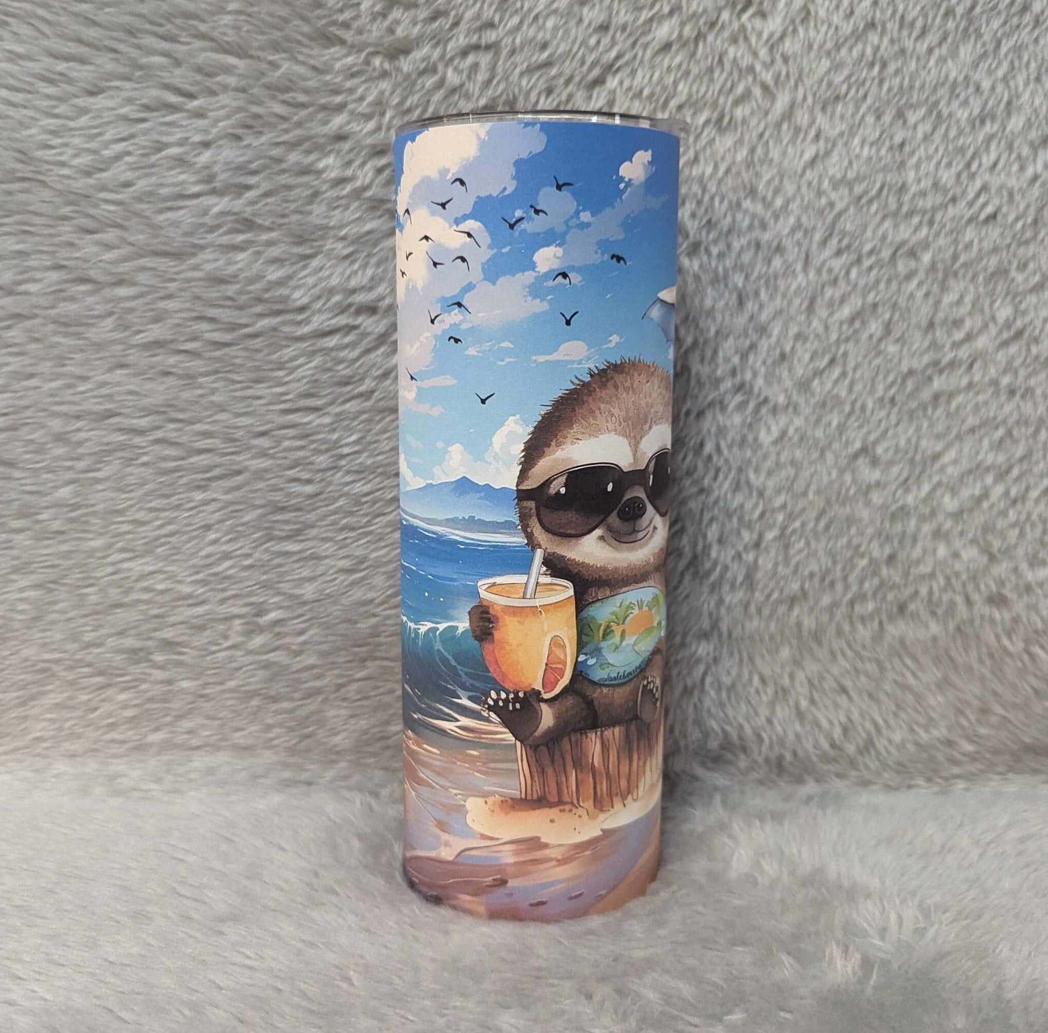 Colorful Beach Sloth Tumbler 20oz With Reusable Straw, Can Be Personalized