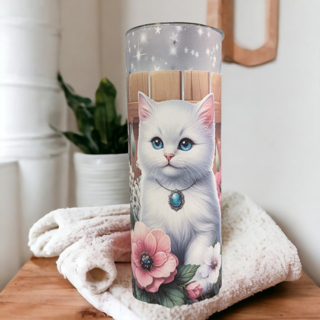Pretty Cat Tumbler 20oz With Reusable Straw, Can Be Personalized