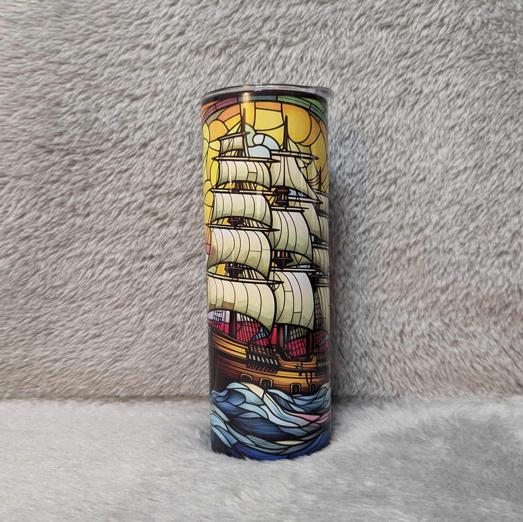 Sailboat Ship Tumbler with Stained Glass Design, 20oz With Reusable Straw
