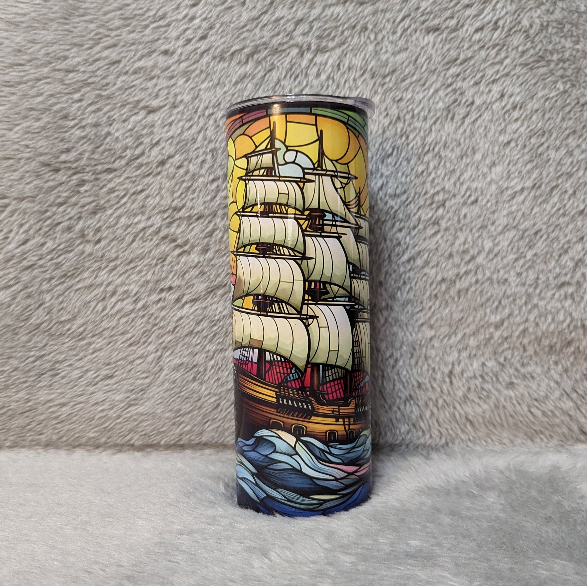 Sailboat Ship Tumbler with Stained Glass Design, 20oz With Reusable Straw
