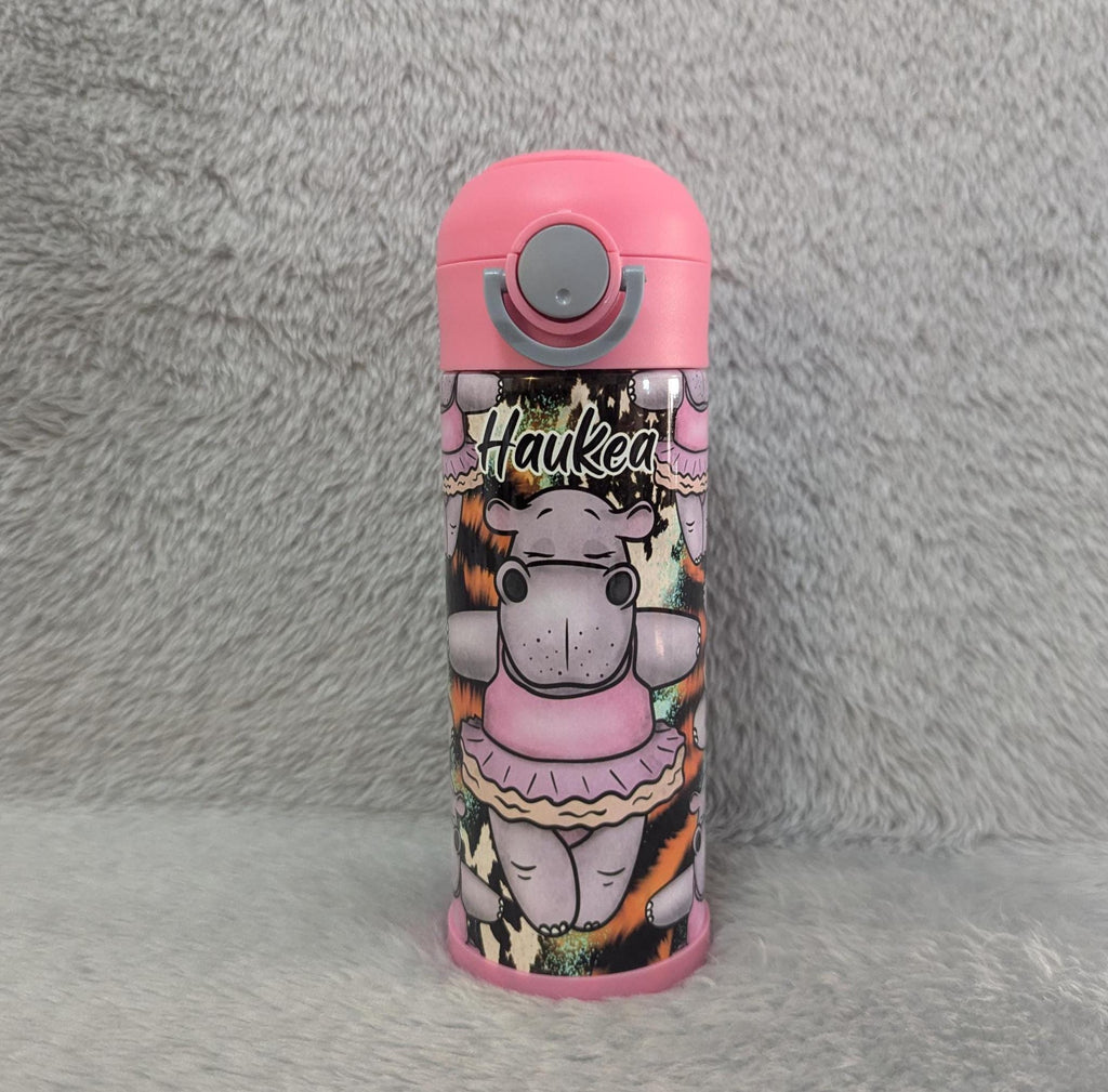 Kids Hippo Water Bottle 12oz With Reusable Straw Can Be Personalized