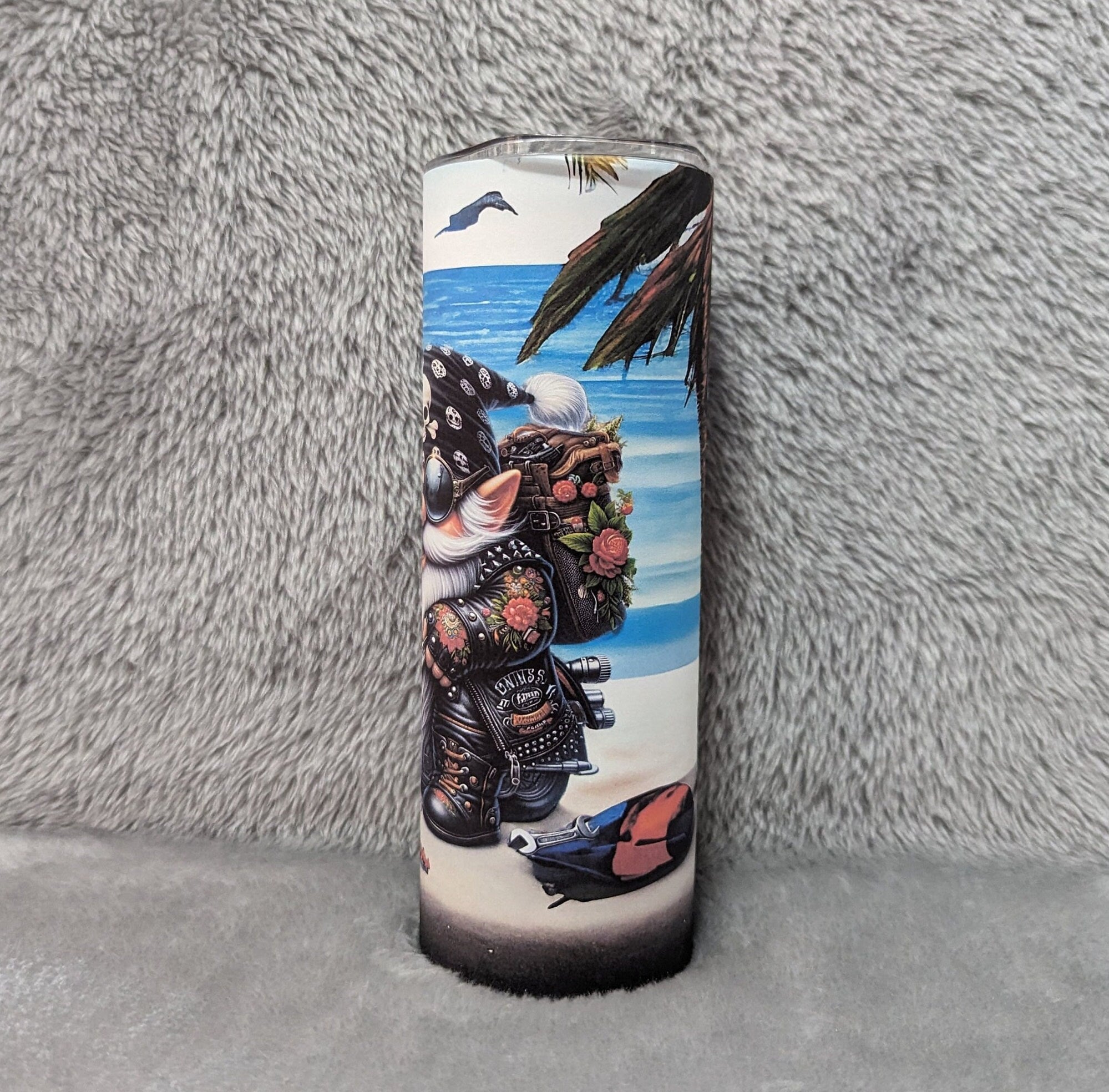 Beach Biker Gnome Motorcycle Tumbler 20oz With Reusable Straw, Can Be Personalized