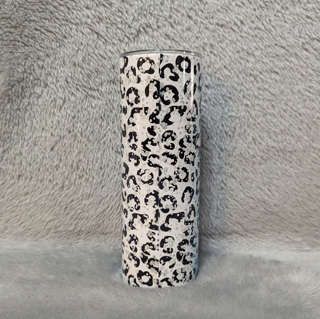 Blue Butterfly Tumbler With Leopard Print and Glitter Desig 20oz With Reusable Straw, Can Be Personalized