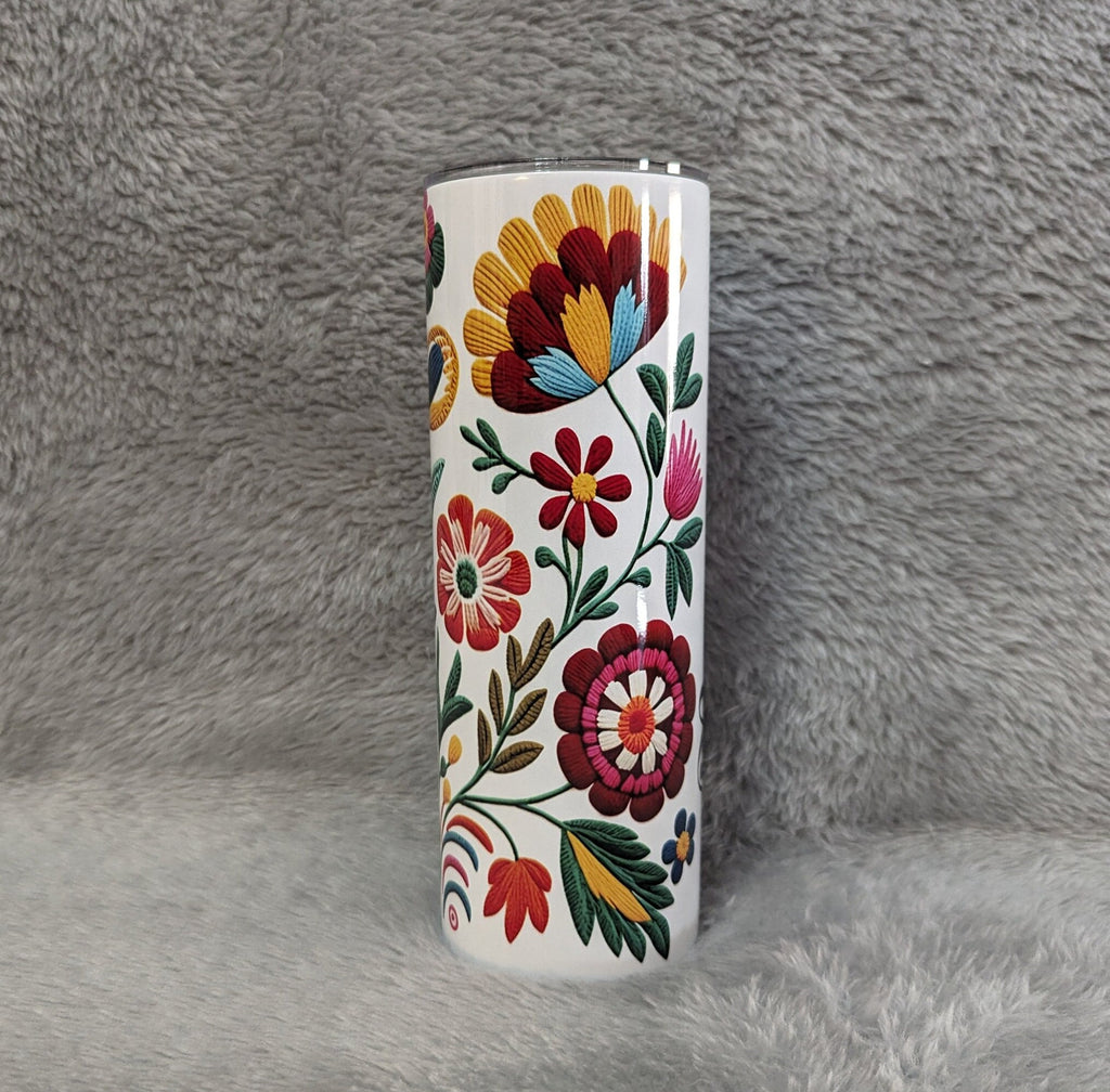 Personalized Flowers Stitch Design Tumbler 20oz Includes Reusable Straw