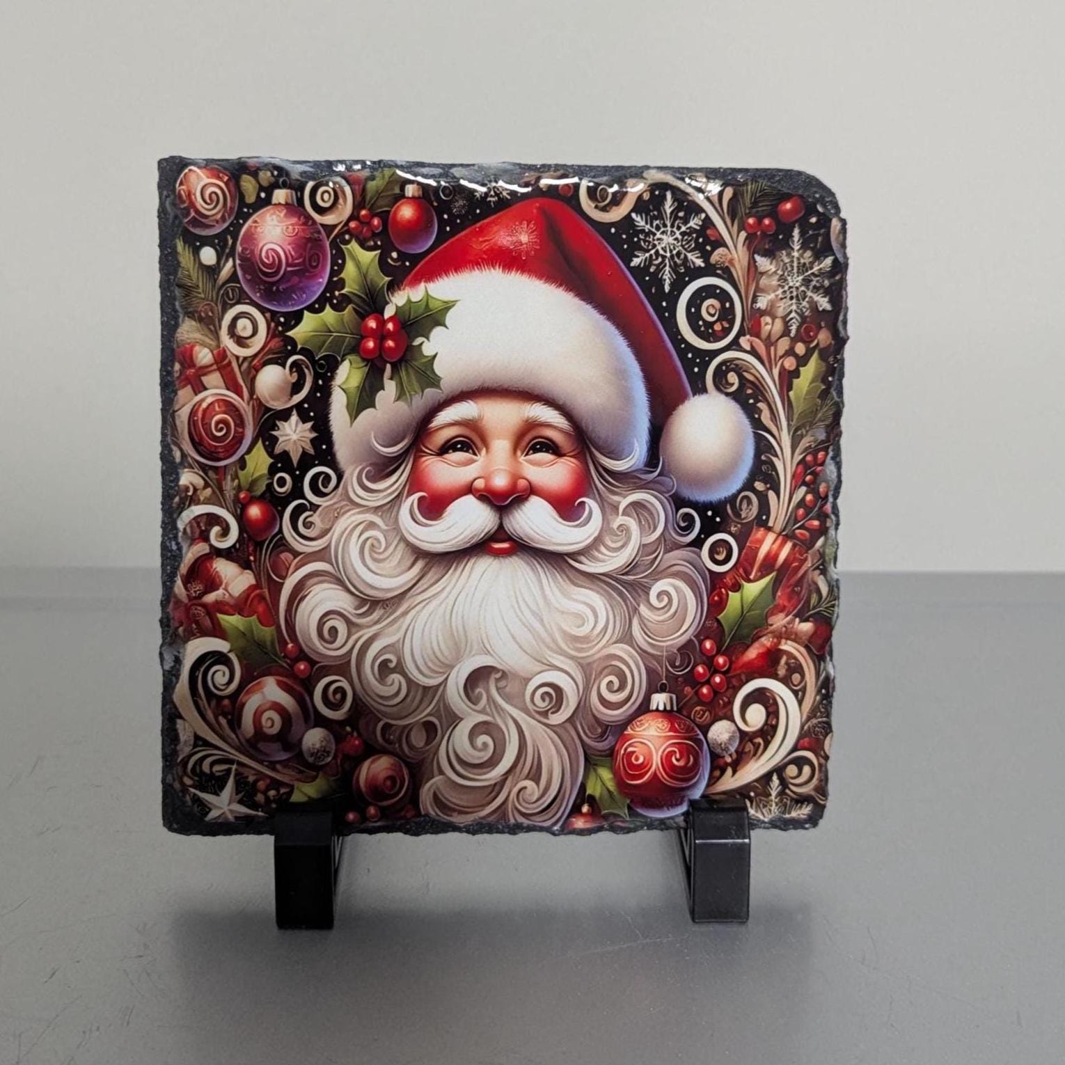 Colorful Slate Santa Picture With Display Legs