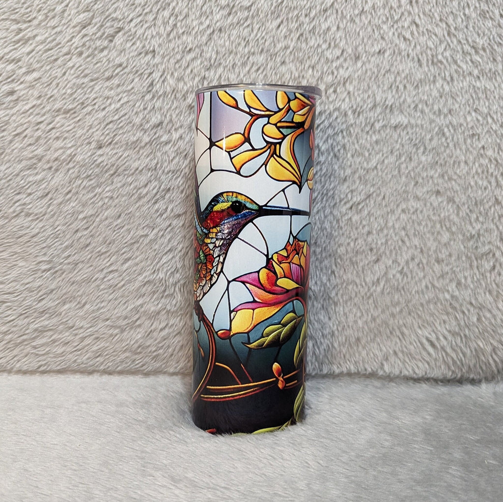 Colorful Hummingbird Tumbler With A Stained Glass Design 20oz With Reusable Straw, Can Be Personalized