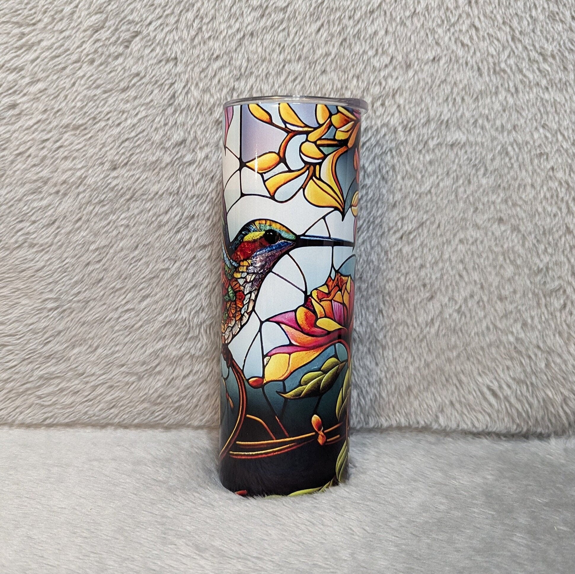 Colorful Hummingbird Tumbler With A Stained Glass Design 20oz With Reusable Straw, Can Be Personalized