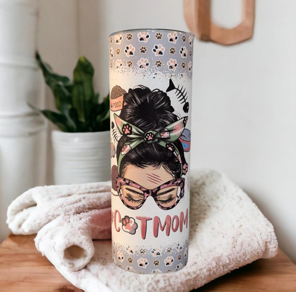 Cat Mom Tumbler 20oz With Reusable Straw, Can Be Personalized