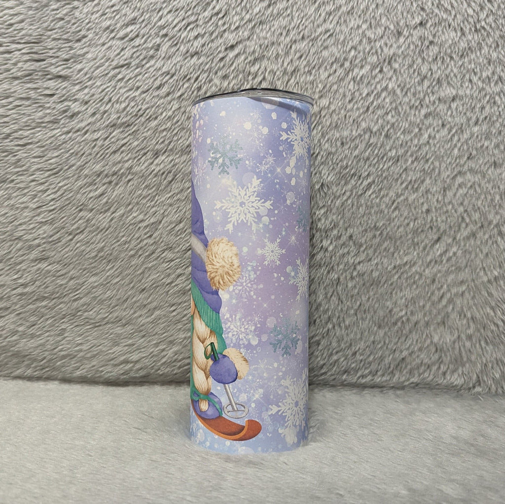 Girl Gnome Skiing Tumbler 20oz With Reusable Straw, Can Be Personalized