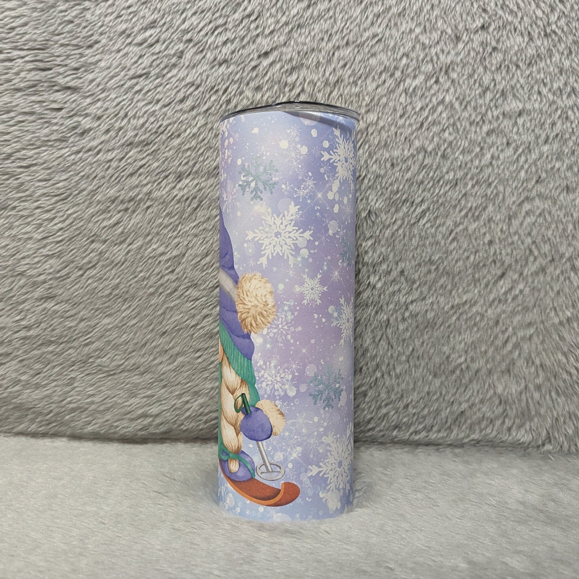 Girl Gnome Skiing Tumbler 20oz With Reusable Straw, Can Be Personalized