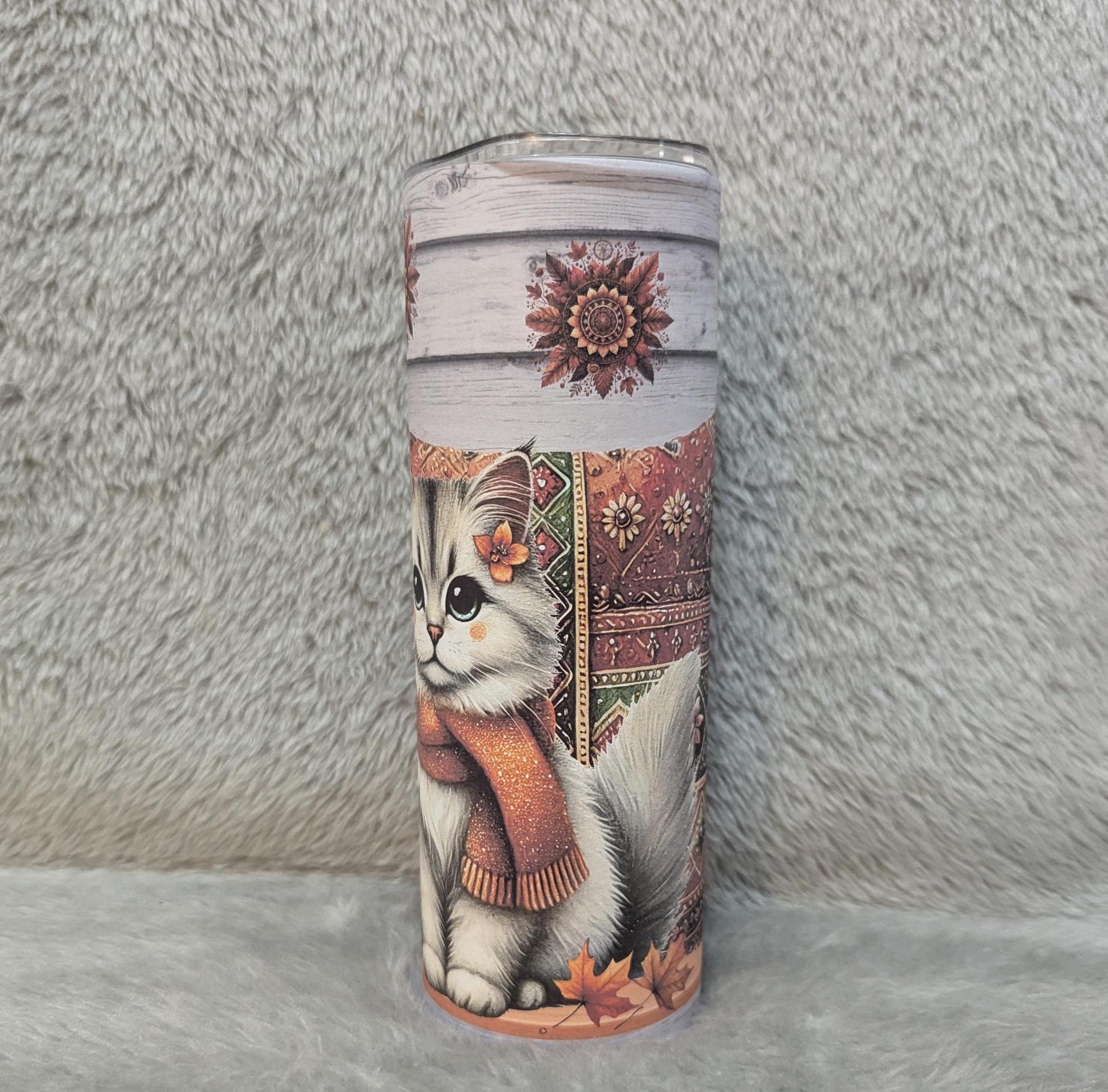 Boho Cat Tumbler 20oz With Reusable Straw, Can Be Personalized