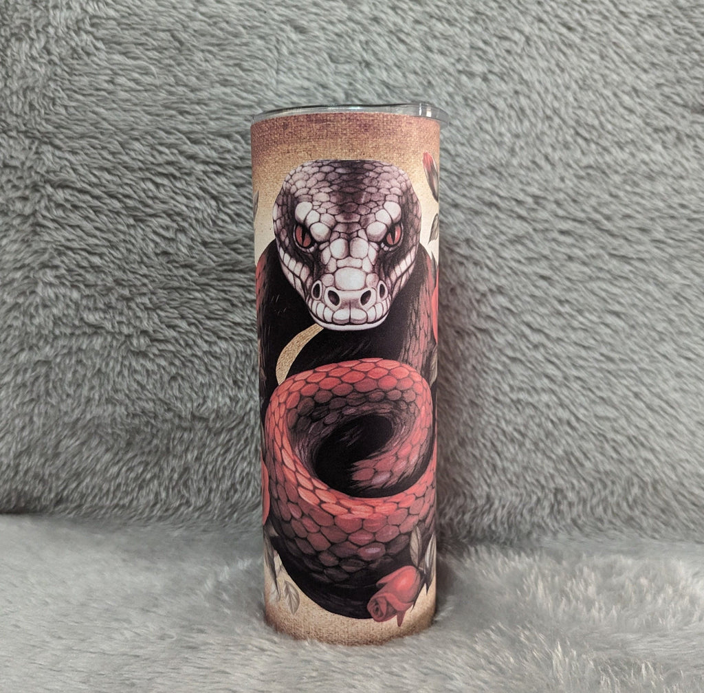 Snake Tumbler With Roses and Butterflies 20oz With Reusable Straw, Can Be Personalized