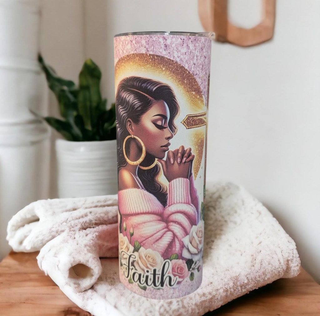 Praying Girl With Faith Tumbler 20oz With Reusable Straw, Can Be Personalized