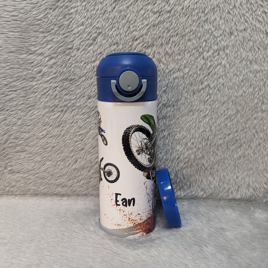Kids Dirt Bike Water Bottle 12oz With Reusable Straw Can Be Personalized