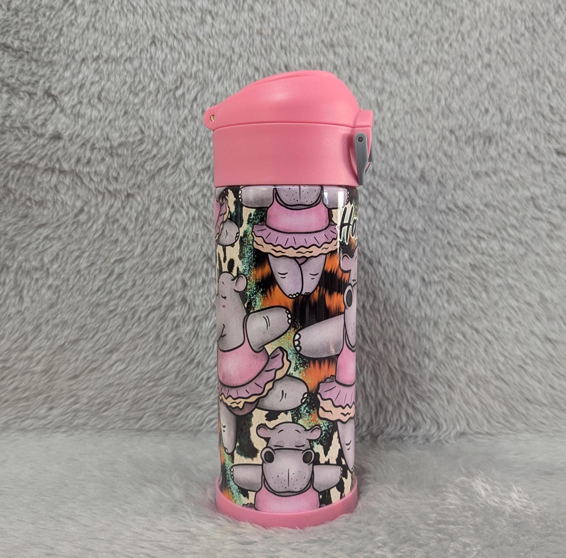 Kids Hippo Water Bottle 12oz With Reusable Straw Can Be Personalized
