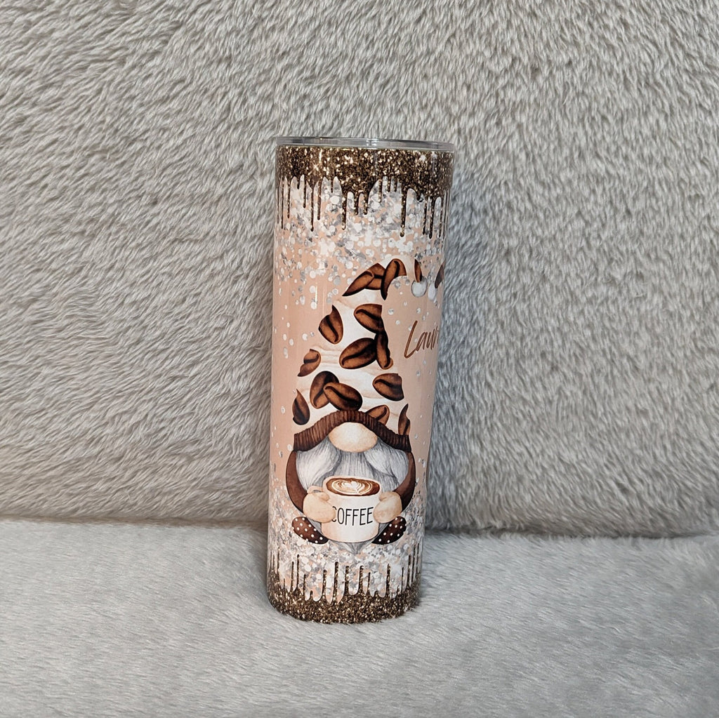 Coffee Gnome Tumbler With A Glitter Drip Design 20oz With Reusable Straw, Can Be Personalized