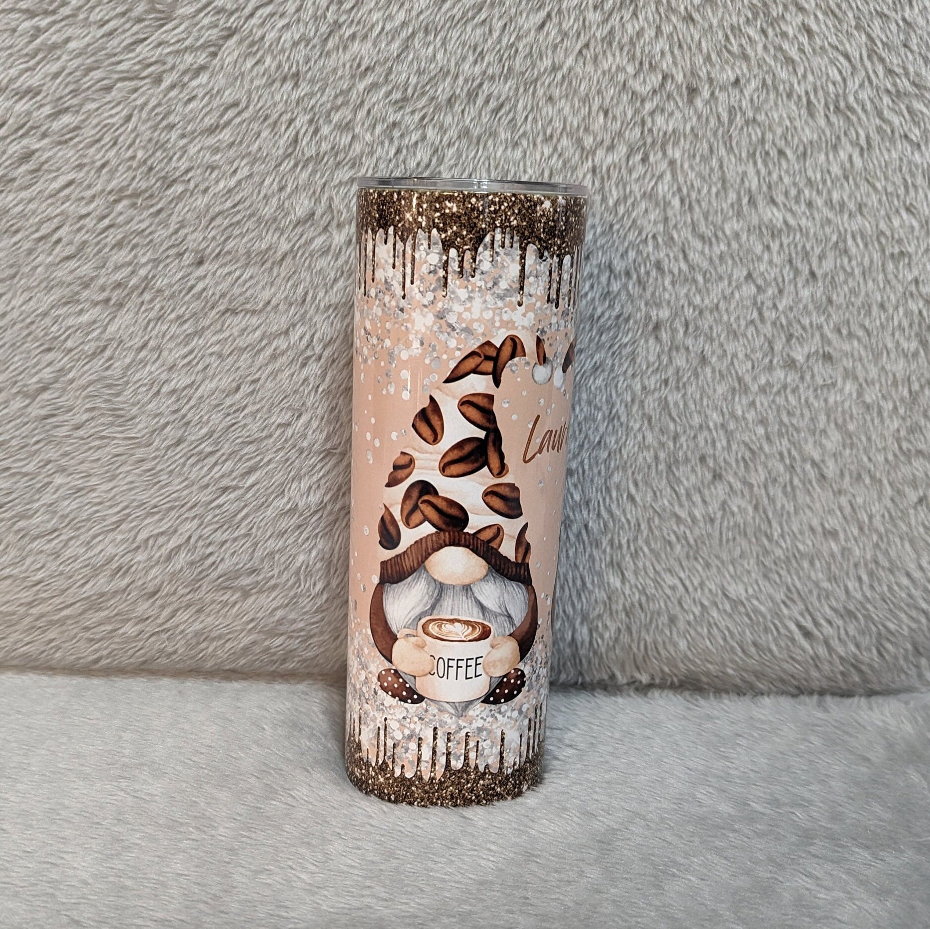 Coffee Gnome Tumbler With A Glitter Drip Design 20oz With Reusable Straw, Can Be Personalized