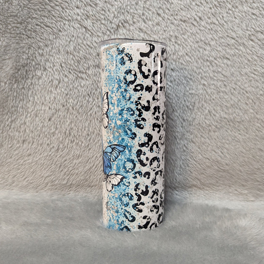 Blue Butterfly Tumbler With Leopard Print and Glitter Desig 20oz With Reusable Straw, Can Be Personalized