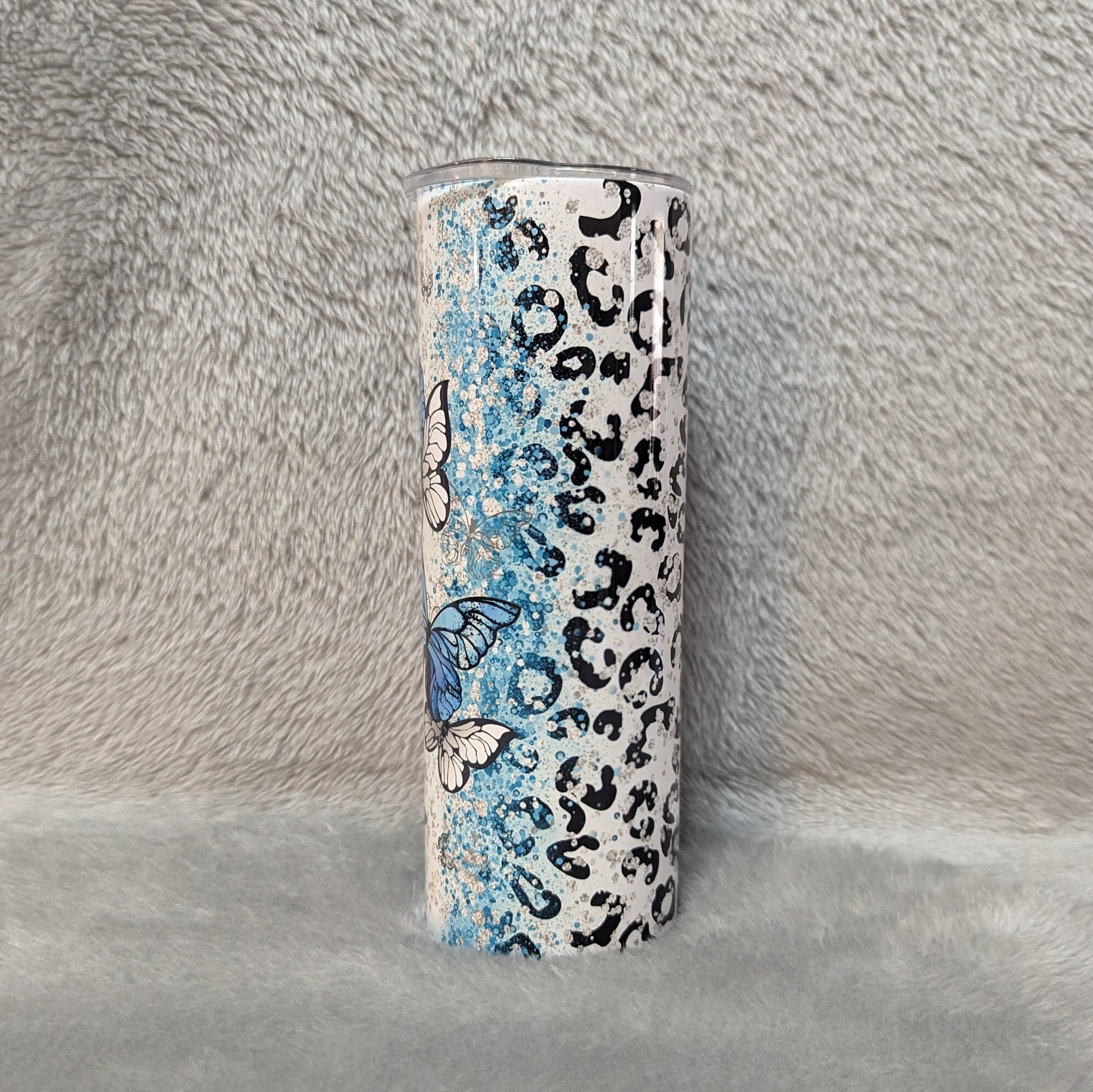 Blue Butterfly Tumbler With Leopard Print and Glitter Desig 20oz With Reusable Straw, Can Be Personalized