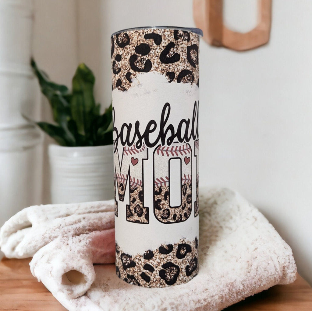 Baseball Mom Tumbler with Leopard Print and A Glitter  Design 20oz With Reusable Straw
