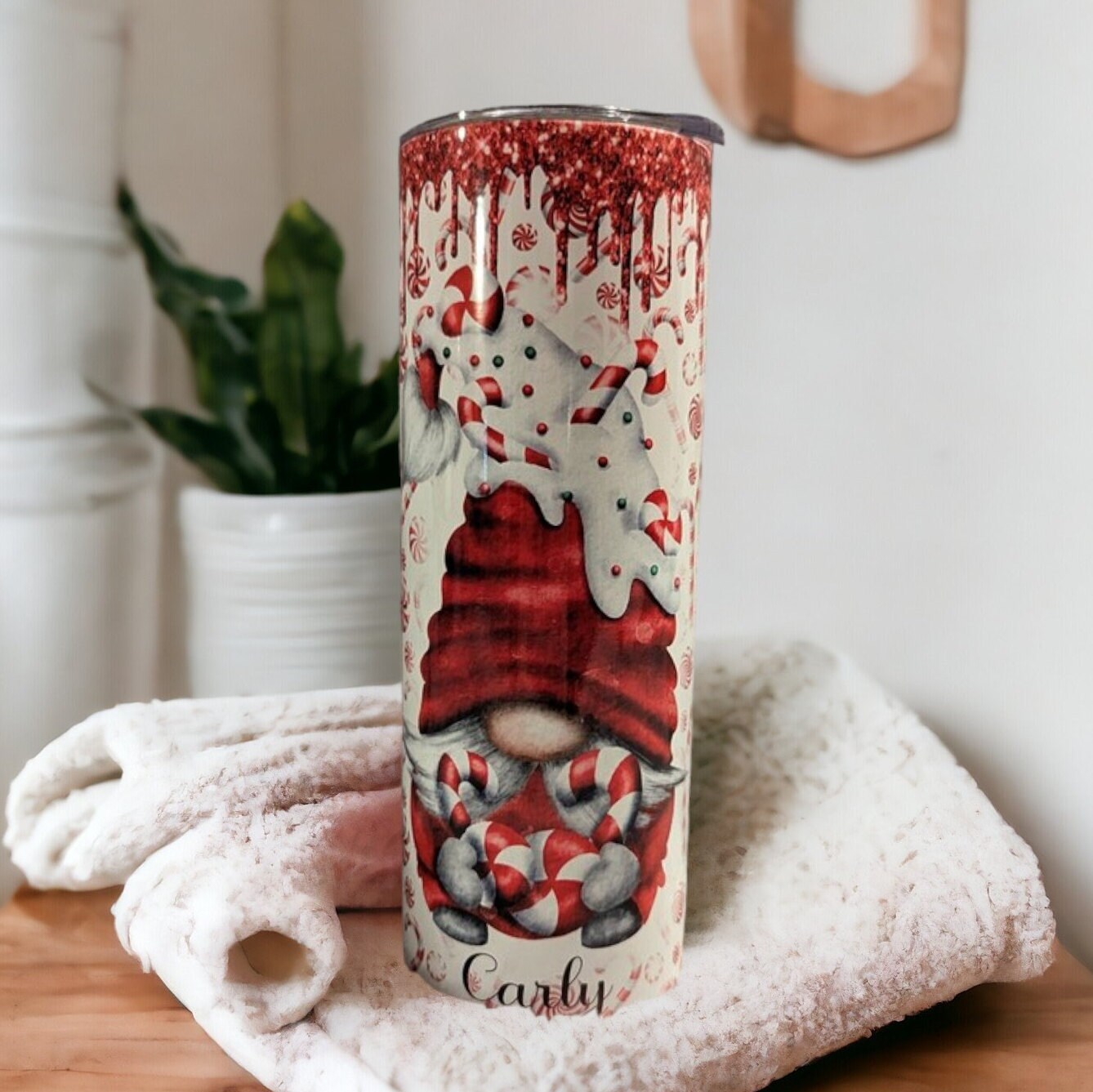 Pretty Candy Cane Gnome Tumbler  20oz With Reusable Straw