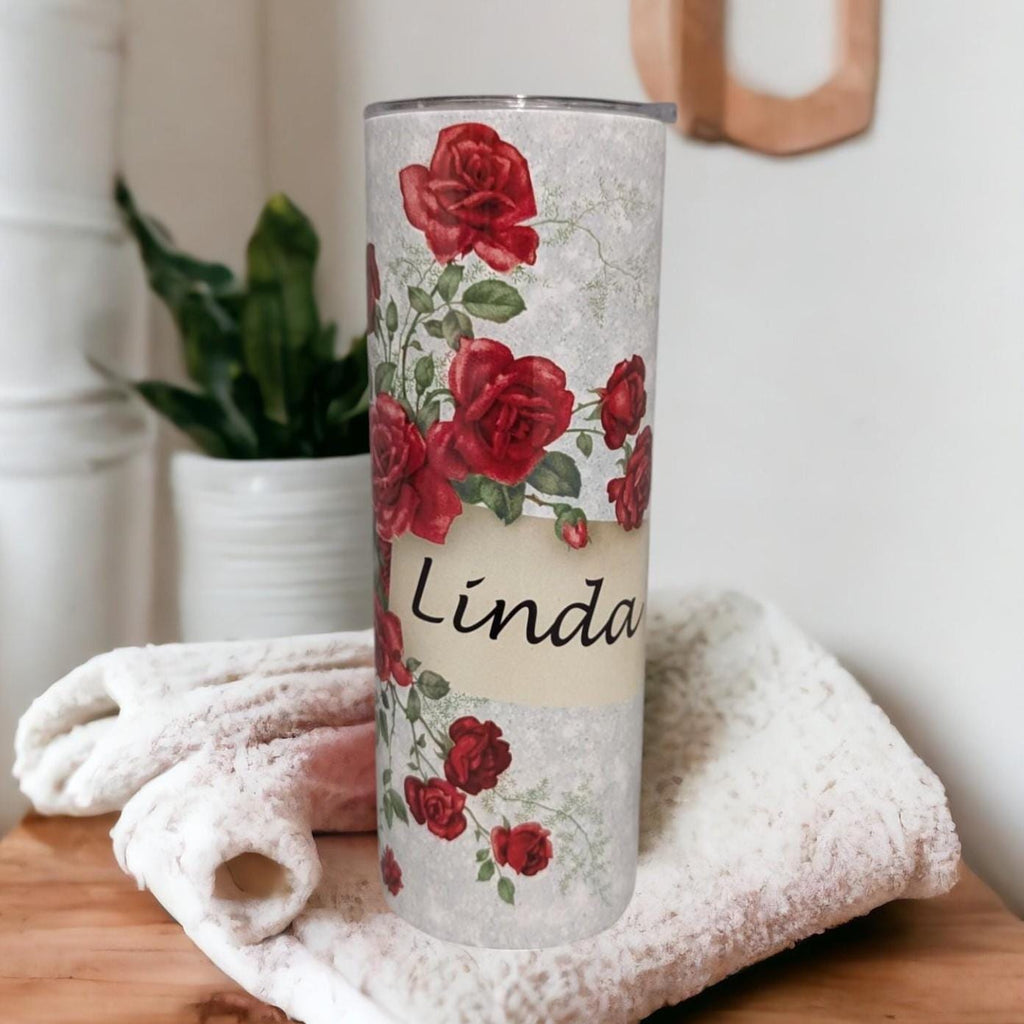 Red Rose Tumbler 20oz With Reusable Straw, Can Be Personalized