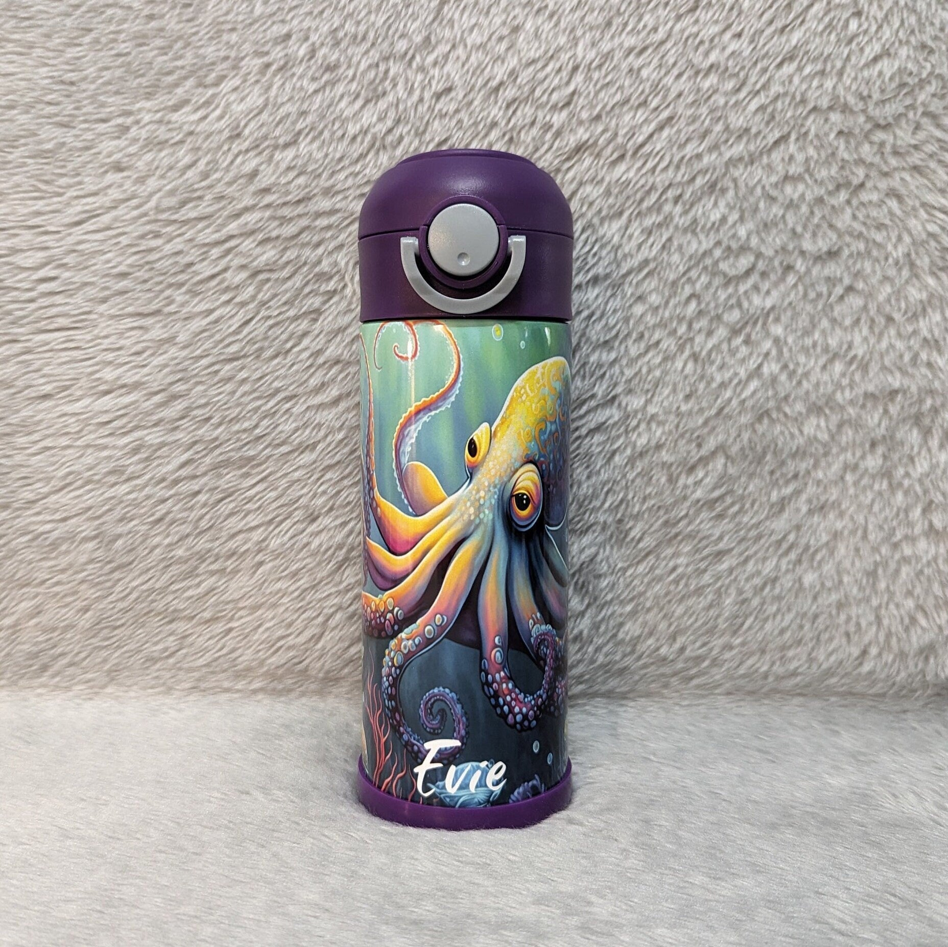 Kids Octopus Water Bottle 12oz With Reusable Straw, Can Be Personalized