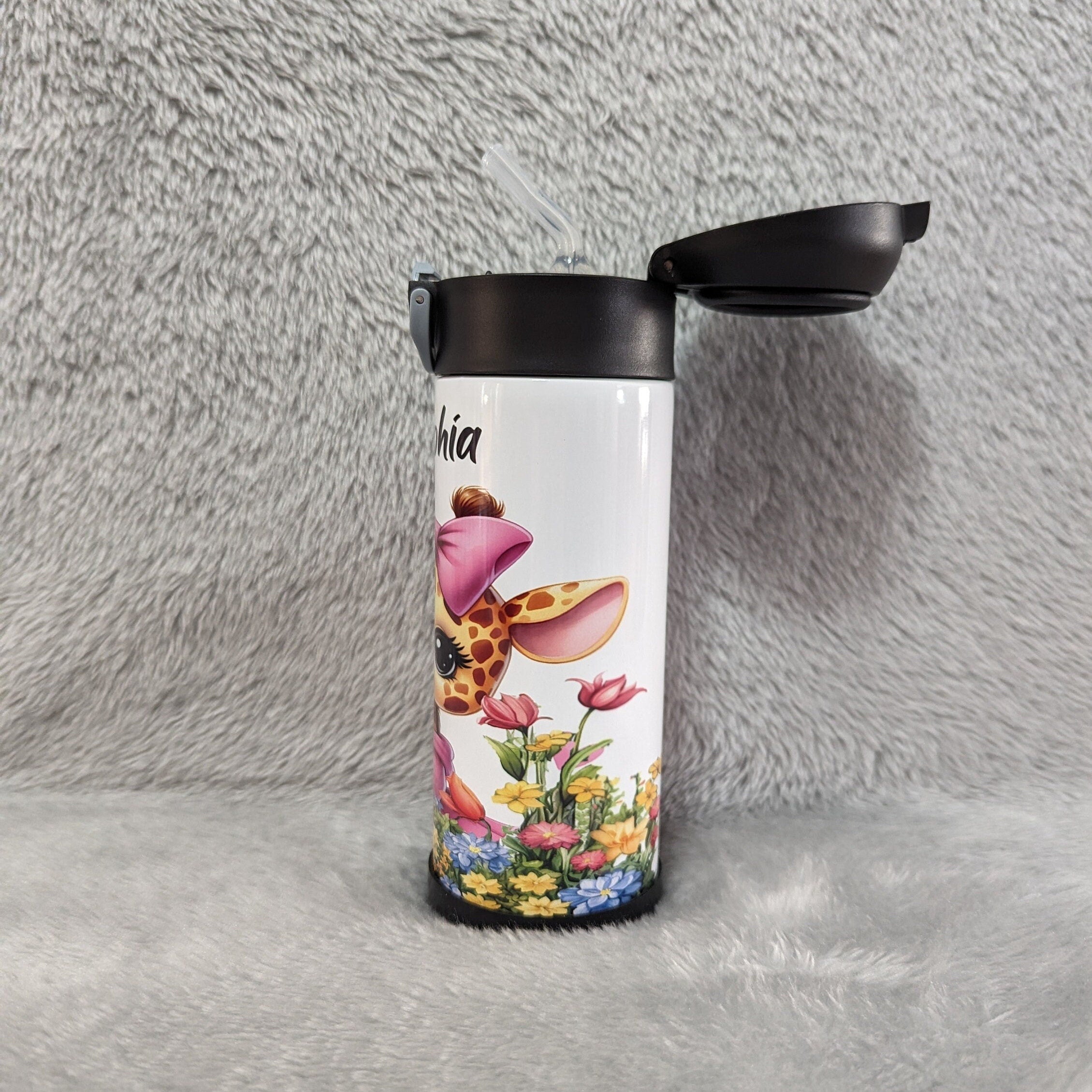 Girl Giraffe Water Bottle 12oz With Reusable Straw Can Be Personalized