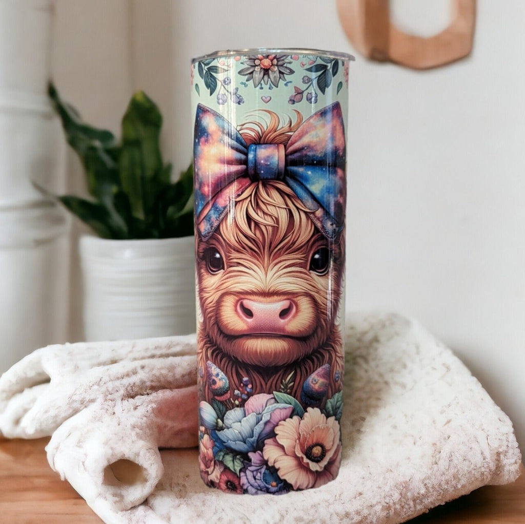 Highland Cow Tumbler With A Calf and Colorful Flowers 20oz With Reusable Straw, Can Be Personalized