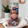 Highland Cow Tumbler With A Calf and Colorful Flowers 20oz With Reusable Straw, Can Be Personalized