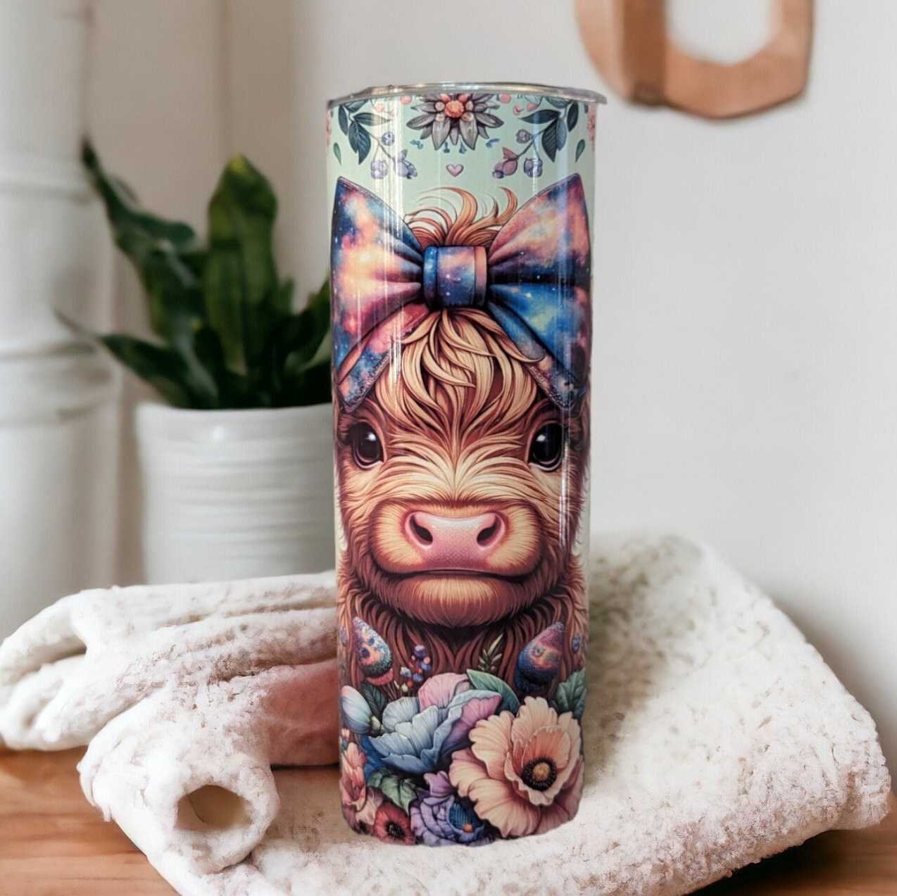 Highland Cow Tumbler With A Calf and Colorful Flowers 20oz With Reusable Straw, Can Be Personalized