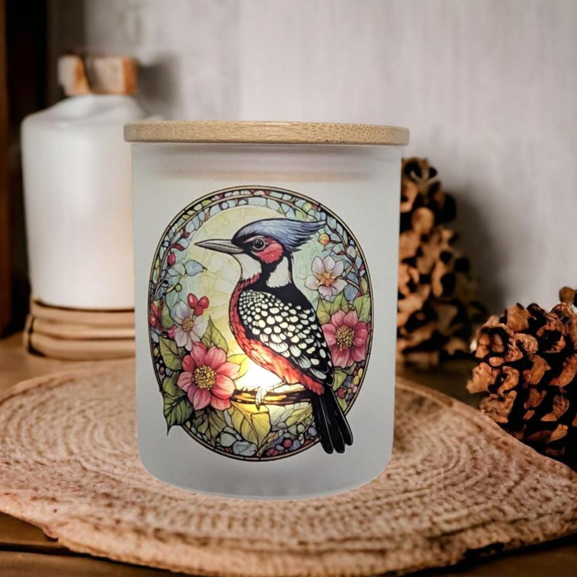Pretty Woodpecker Candle Holder With A Battery Operated Flickering Tea Light