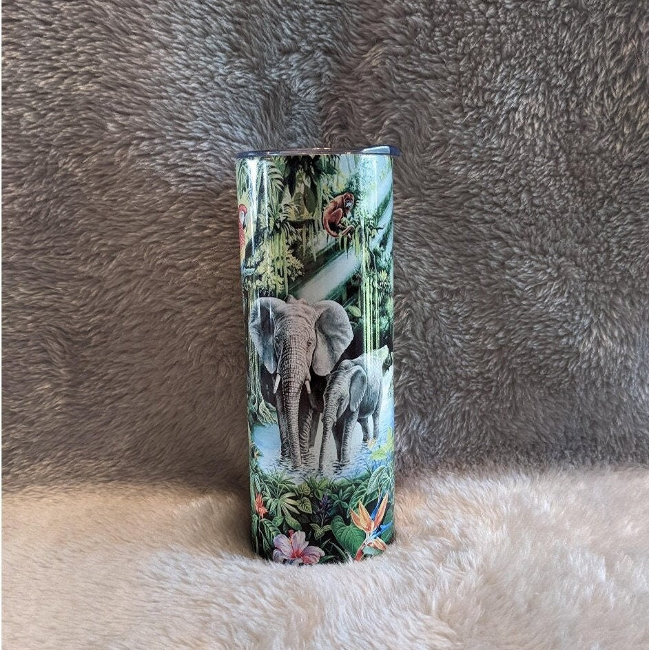 Elephant Tumbler With A Jungle Scene 20oz With Reusable Straw, Can Be Personalized