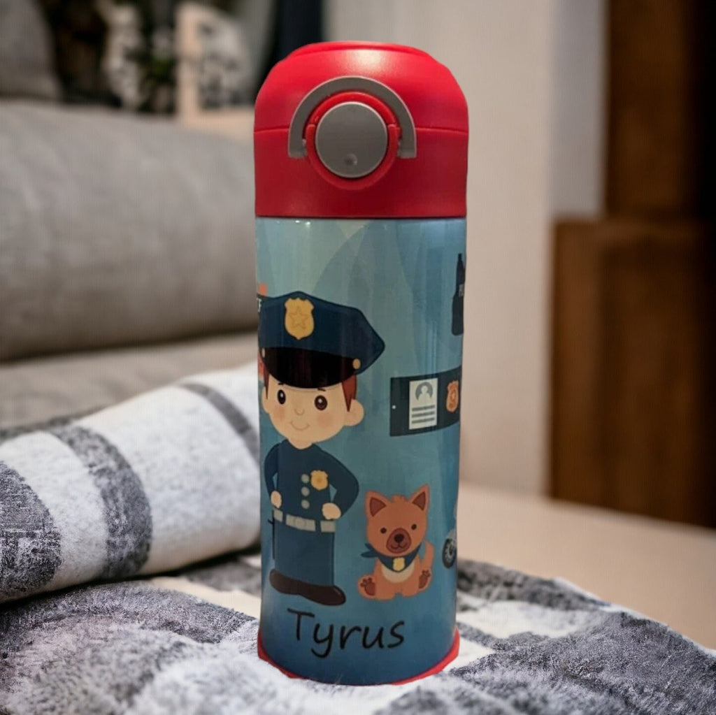 Kids Boy Cop Water Bottle 12oz With Reusable Straw Can Be Personalized