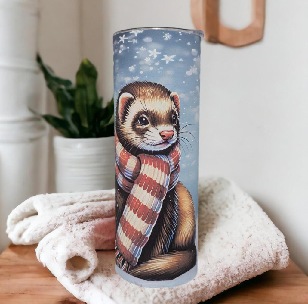 Cute Winter Ferret Tumbler 20oz With Reusable Straw, Can Be Personalized