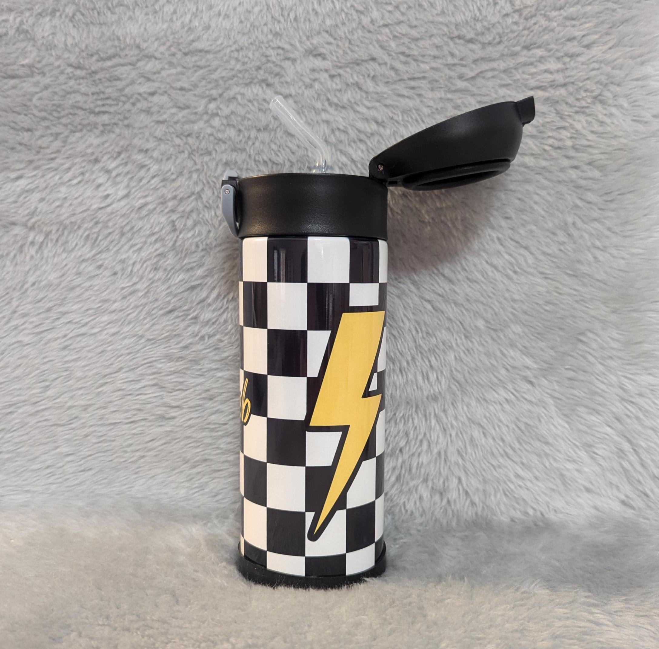 Kids Checkered Lightning Bolt Water Bottle 12oz With Reusable Straw Can Be Personalized