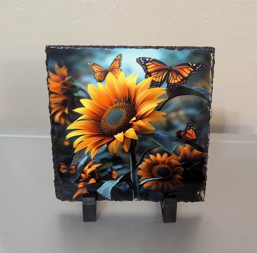 Sunflower and Butterflies Slate Picture With Display Legs
