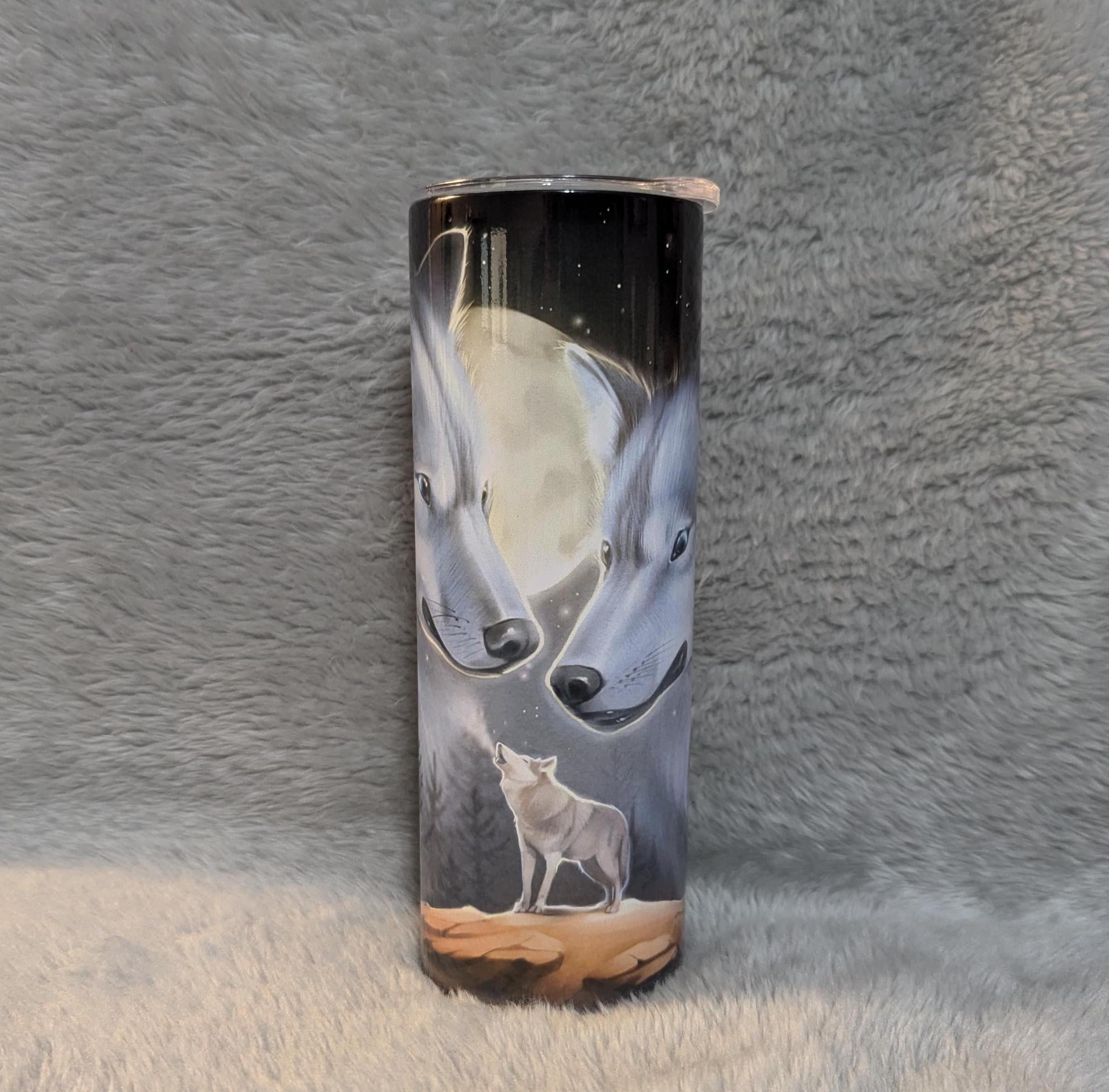 Moonlight Wolf Tumbler 20oz With Reusable Straw, Can Be Personalized