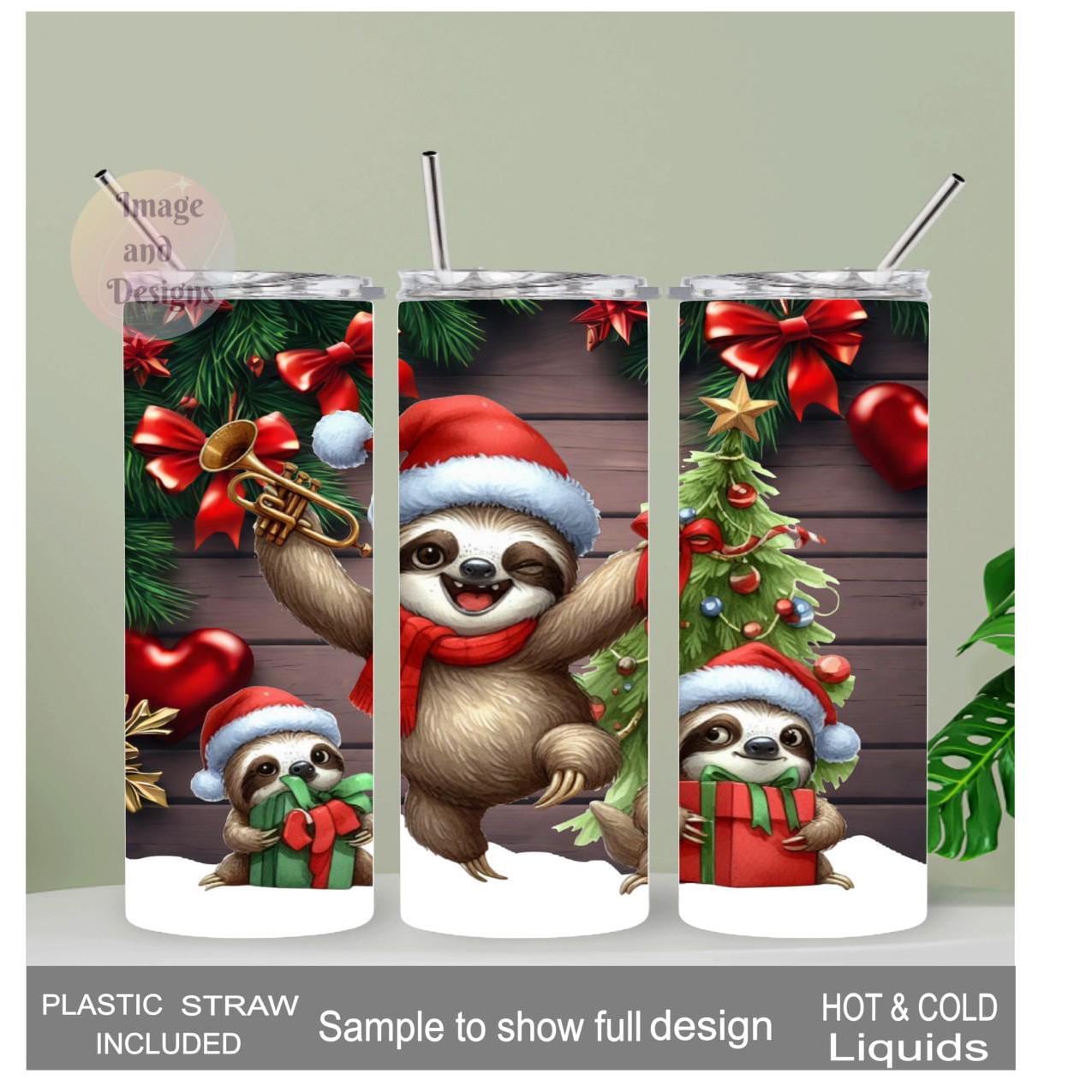 Christmas Sloth Tumbler 20oz With Reusable Straw, Can Be Personalized