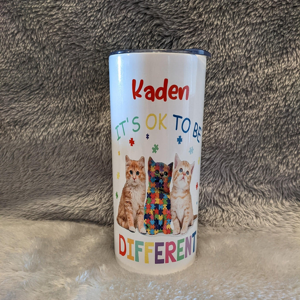 Kids Kitten Autism Tumbler, It's Okay To Be Different 15oz With Reusable Straw, Can Be Personalized